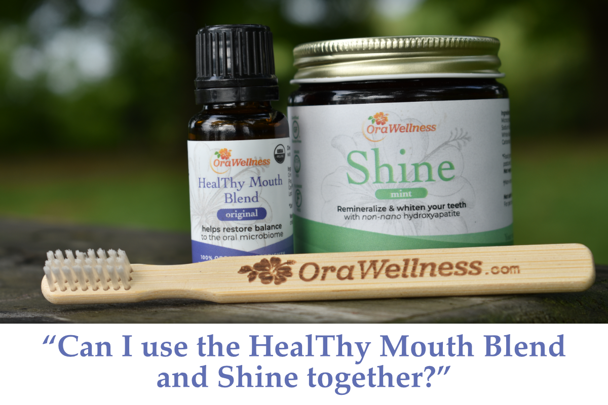 Image of Shine, HealThy Mouth Blend, and BrushEco outside with this text: Can I Use the HealThy Mouth Blend and Shine Together?