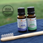 Two bottles of HealThy Mouth Blend and a BrushEco toothbrush in nature