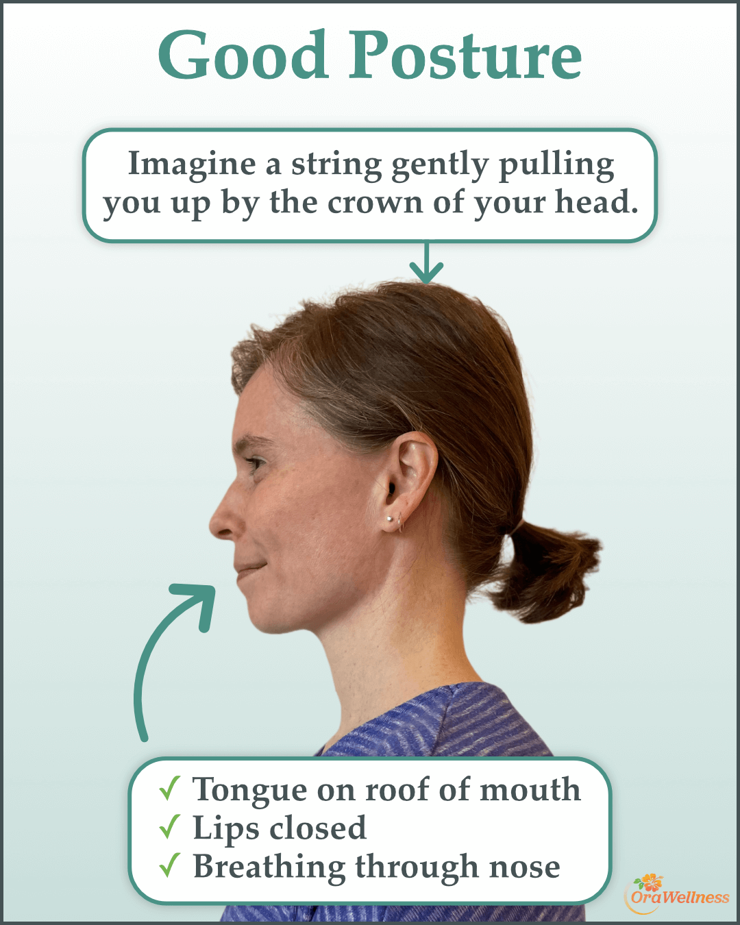 Good Posture / Imagine a string gently pulling you up by the crown of your head. / Tongue on roof of mouth / Lips closed / Breathing through nose